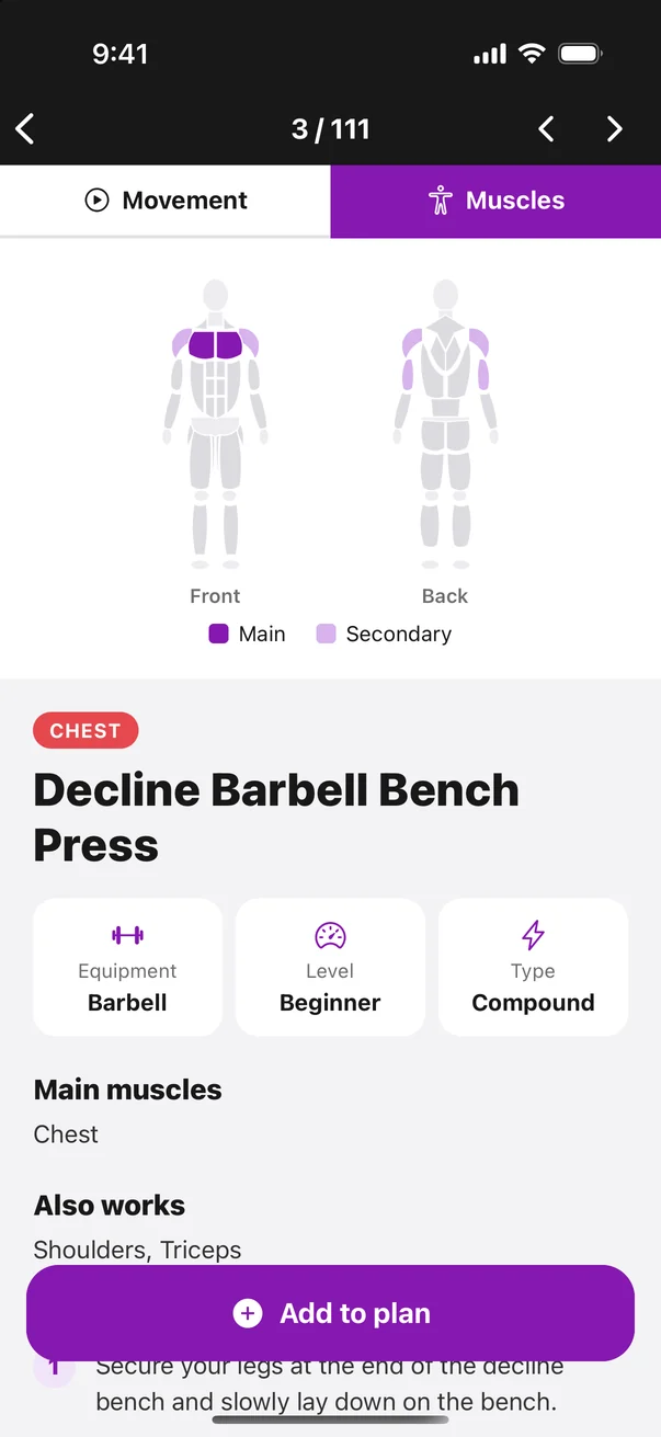 Muscle map showing main and secondary muscles for an exercise