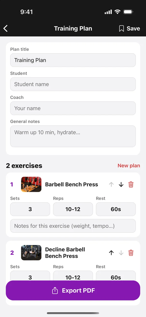 Training plan editor with sets, reps and rest